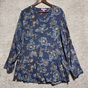 Woman’s Within Woman’s Blue Floral Long Sleeve Blouse Top Plus Size Large 18/20